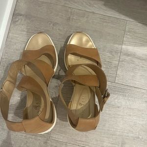 Women’s Hogan brand-wedge light brown leather strap sandals.  Size 7 1/2-  8.